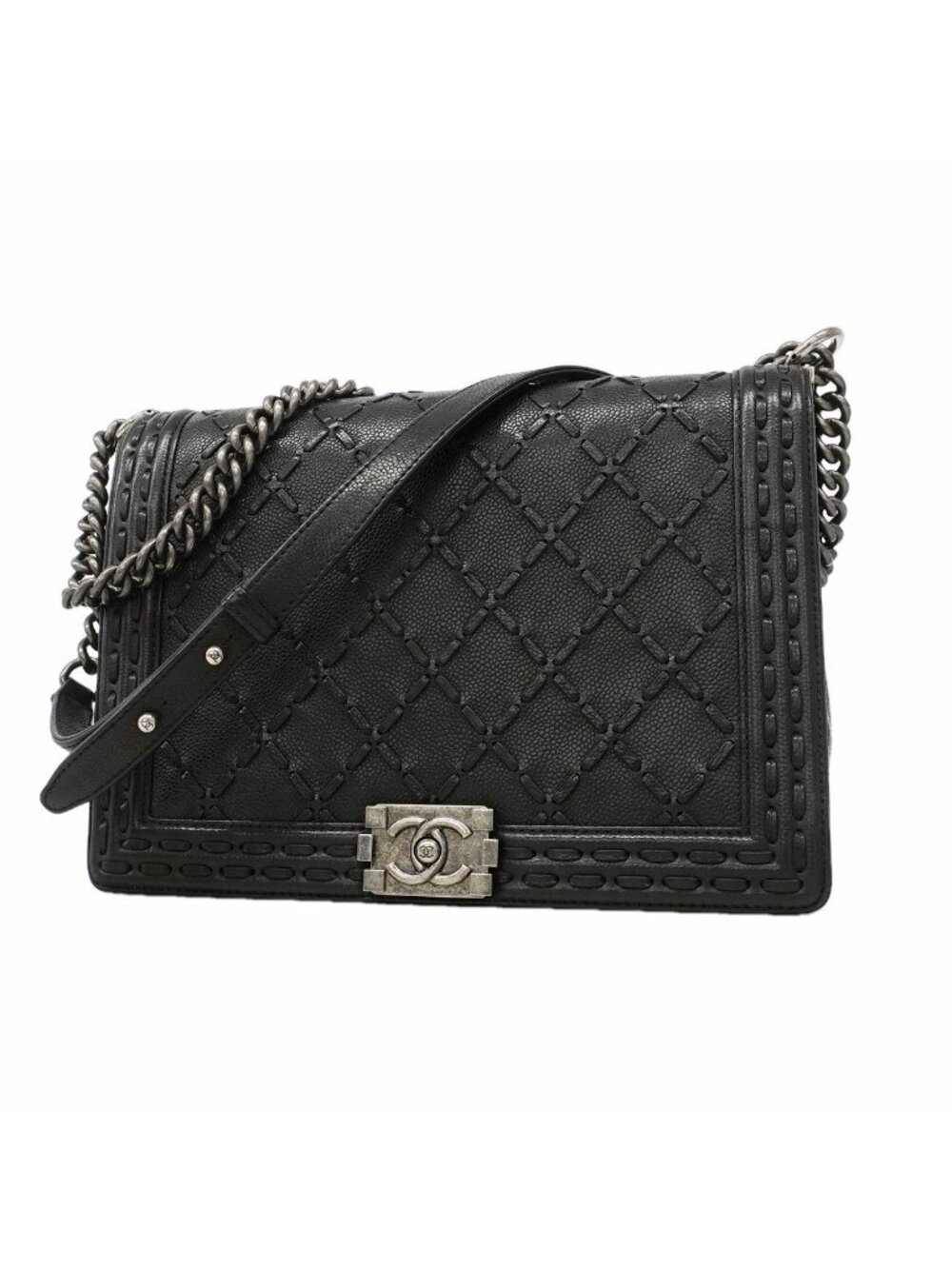 Chanel Shoulder Bag Boy Caviar Leather Black Silver